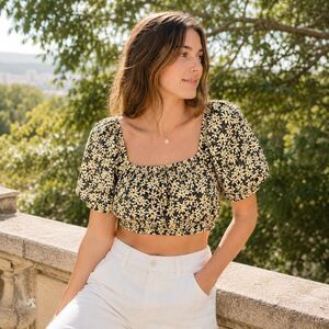 & Other Stories Floral Linen Blend Puff Sleeve Crop Top Size S Summer Vacation